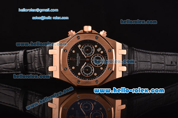 Audemars Piguet Royal Oak Chronograph Miyota OS20 Quartz Rose Gold Case with Black Leather Strap Black Dial and Dimond Markers - Click Image to Close